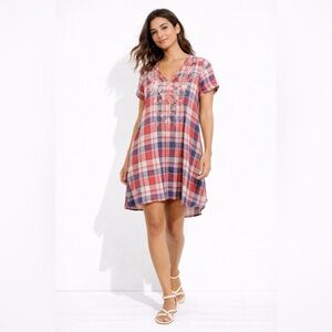 Johnny Was Workshop Plaid Embroidered Tunic Dress Red Blue Size L Boho Casual